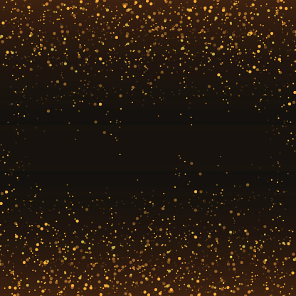 Golden glitter confetti falling on black vector background. Shining gold shimmer luxury design card. Christmas glowing snow. Scattered dust. Magic mist glowing. Stylish fashion backdrop.