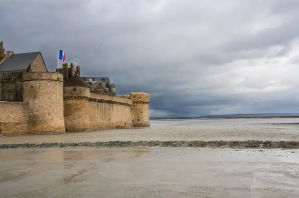 Le-Mont-Saint-Michel in France during low tide