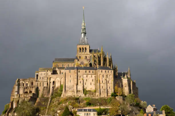 Closeup of Le-Mont-Saint-Michel in France on a stormy day