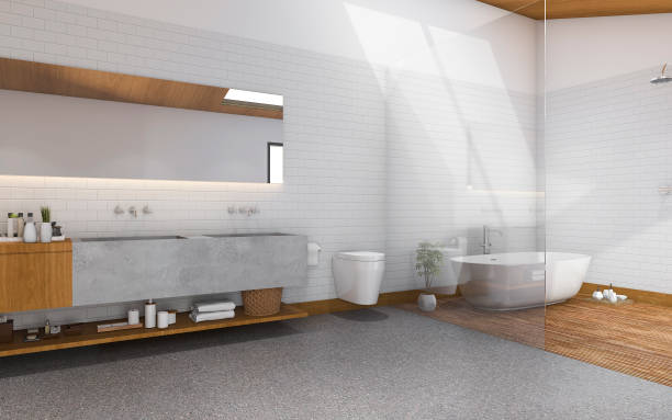 istock 3d rendering daylight from roof to modern and wood bathroom 638408894
