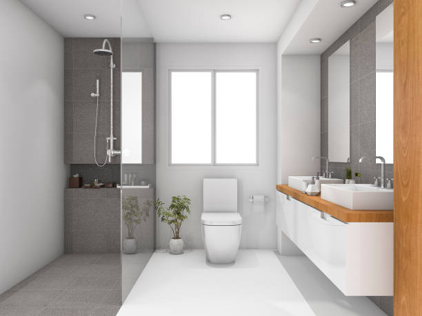 istock 3d rendering minimal wood and stone white bathroom 638409008