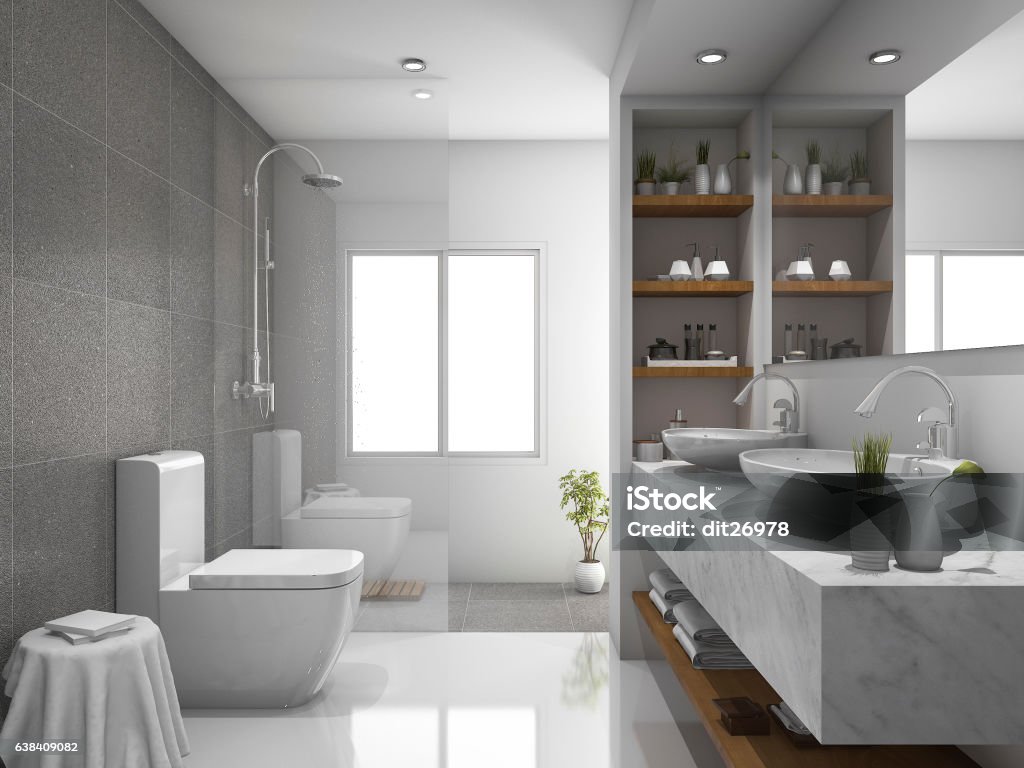 3d rendering modern design and marble tile toilet and bathroom 3d rendering by 3ds max 2016 Bathroom Stock Photo