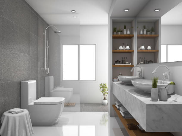3d rendering modern design and marble tile toilet and bathroom stock photo
