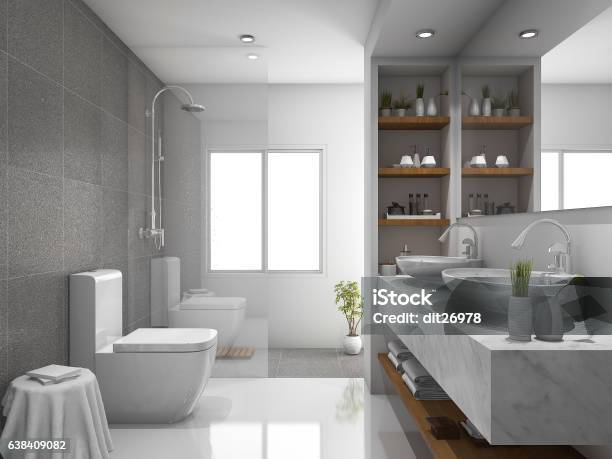 3d Rendering Modern Design And Marble Tile Toilet And Bathroom Stock Photo - Download Image Now