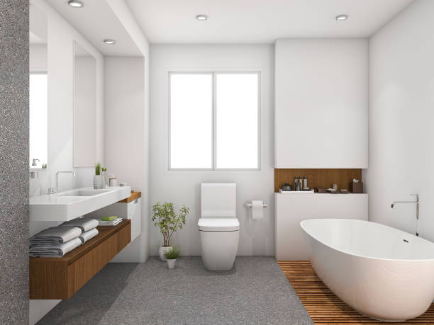 3d rendering wood and tile design bathroom near window stock photo