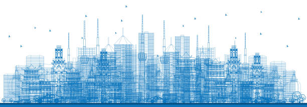 outline city skyscrapers and buildings in blue color. - 墨爾本 澳洲 插圖 幅插畫檔、美工圖案、卡通及圖標