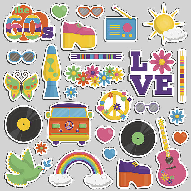 ilustraciones, imágenes clip art, dibujos animados e iconos de stock de vintage 1960s estilo hippie conjunto de pegatinas de parches - niños hippie