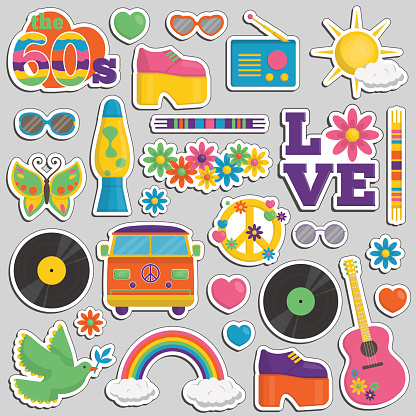 Collection of vintage retro 1960s hippie style sticker patches that symbolize the 60s decade fashion accessories, style attributes, leisure items and innovations.