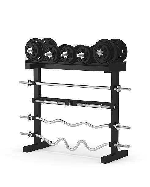 Digitally generated gym weight rack isolated on white background.