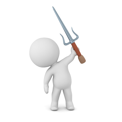 A 3D character holding up a Sai sword. Isolated on white background.