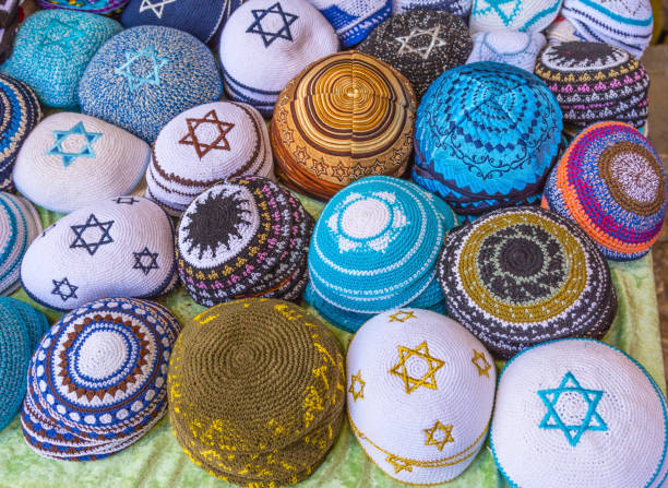 Kippahs Yarmulkes Souvenirs Safed Tsefat Israel Kippahs Yarmulkes Jewish Hats Covers Israeli Star of David Souvenirs Safed Tsefat Israel.  Kippahs/Yarmulkes are Jewish headgear worn by men during a Jewish.  Required by Judaisim. yarmulke photos stock pictures, royalty-free photos & images