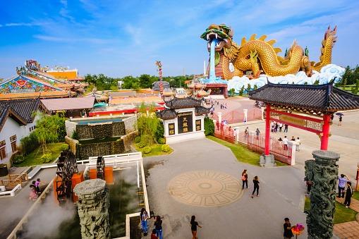 Suphanburi Thailand - January 7, 2017 : The Building at China town in Dragon Museum is landmark for thai chinese with gold huge dragon to be worship