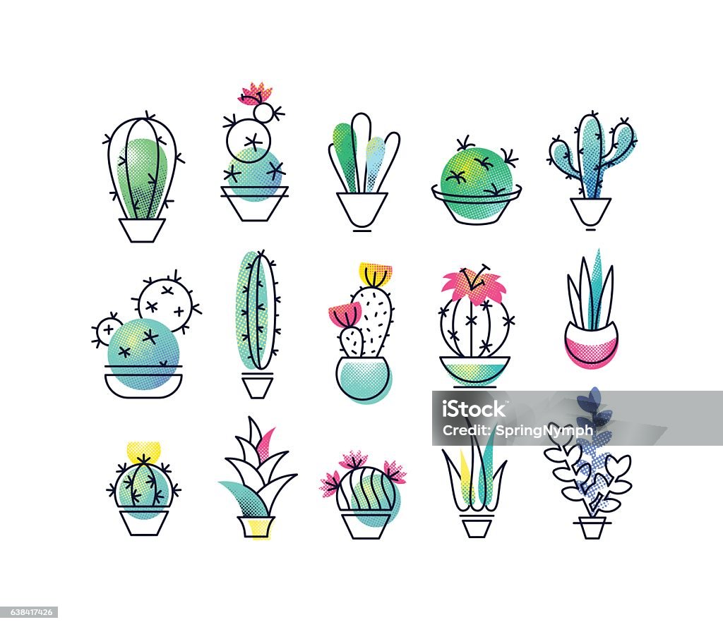 Colorful vector icons' set of indoor plants. Colorful vector icons' set of indoor plants, cactuses. Isolated creative design nature objects. Halftone textured and monoline symbols' pack. No gradients. Cactus stock vector