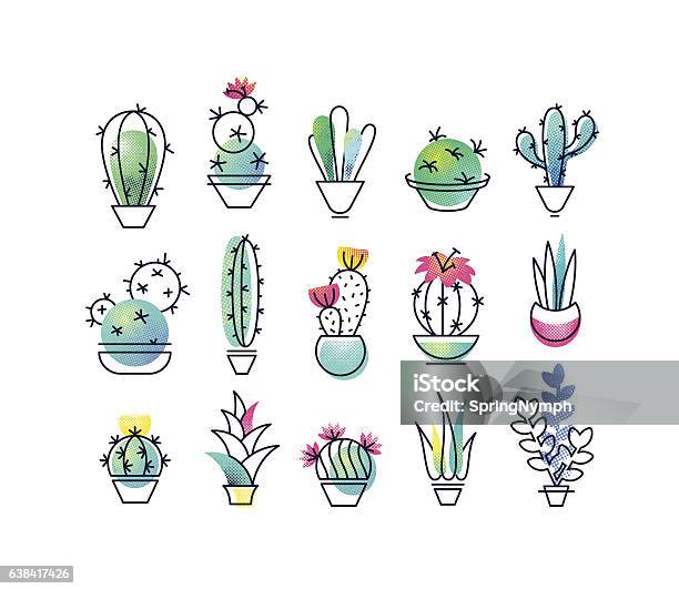 Colorful Vector Icons Set Of Indoor Plants Stock Illustration - Download Image Now - Cactus, Succulent Plant, Outline