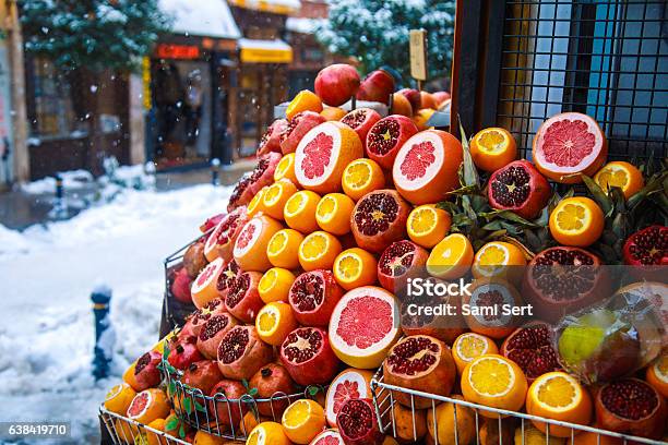 Mix Tropic Citrus Fruits At Street Market In Winter Time Stock Photo - Download Image Now