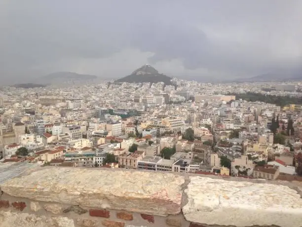 View of the city of Athens, Greece from atop a mountain.