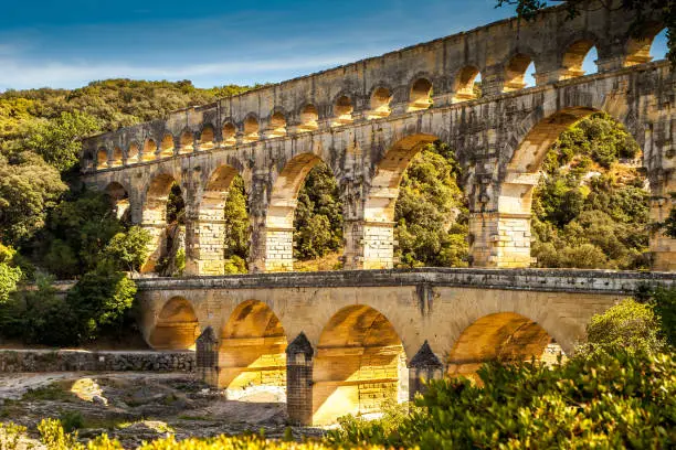 Pont du Gard, France-August 2nd, 2016 Roman aqueduct in the south of France. Picture shows a wide angle view of the aqueduct. 
