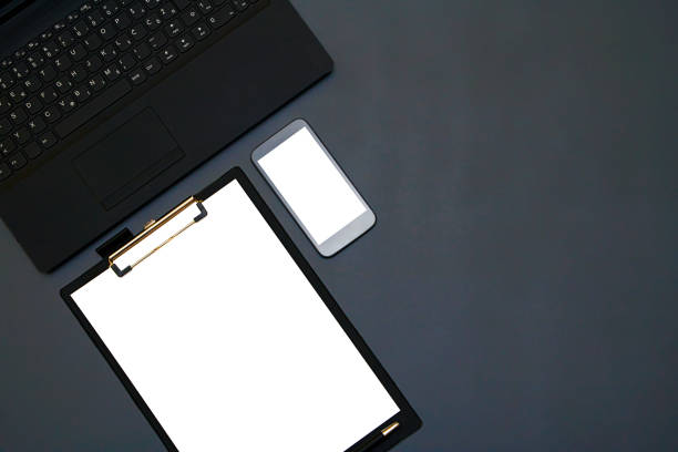 istock Black office table with supplies. Top view with copy space 638429576