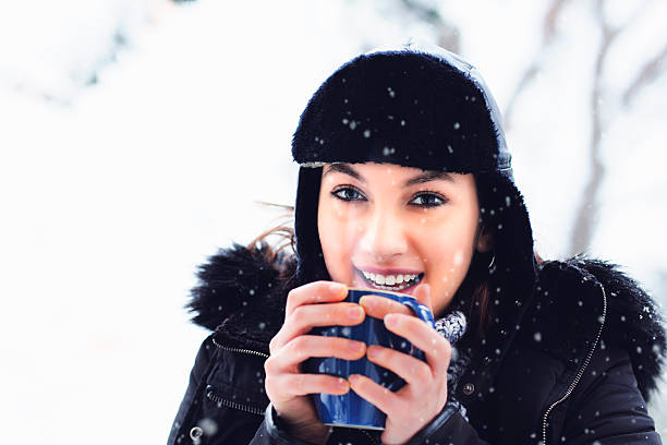 istock Woman having a tea or coffee on snowy day 638431708