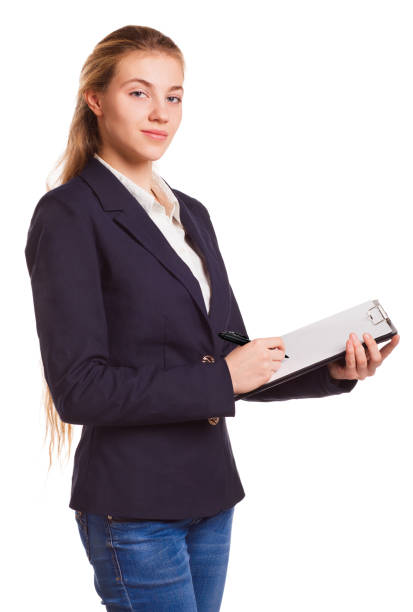 Smiling woman with clipboard isolated on white background