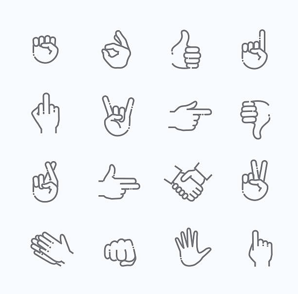 gesty ręczne zestaw ikon cienkiej linii - hand sign index finger human finger human thumb stock illustrations