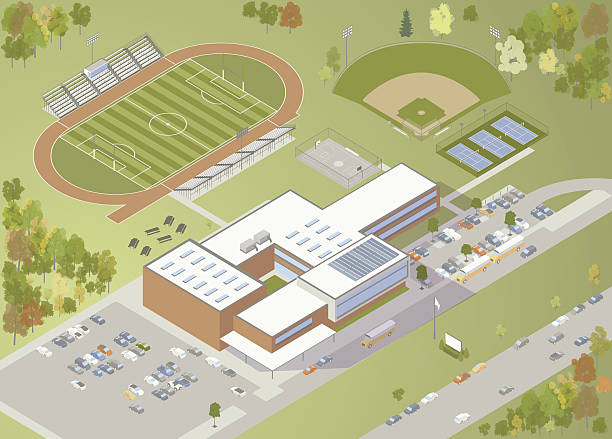 High School Building Illustration Overhead view of a high school building and its grounds, including parking lots, football field, track, baseball field, tennis courts, basketball, and roadways. Isometric vector illustration is richly detailed with trees, cars, and building details. high school sports stock illustrations