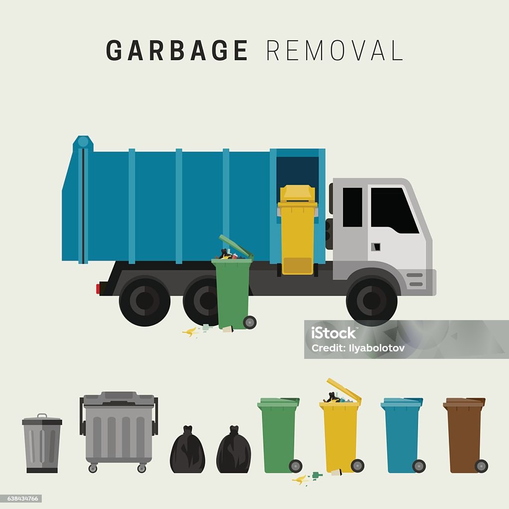 Garbage removal Garbage removal flat illustration. Banner with garbage truck and dumpsters. Garbage stock vector