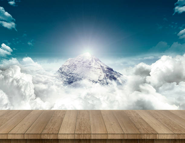 Wood table with mountain sense stock photo