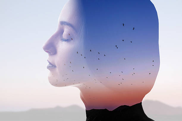 Double exposure woman portrait Double exposure photo with woman silhouette and sunset sky with mountains and birds. Freedom and travel concept women flying bird freedom stock pictures, royalty-free photos & images