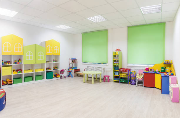 istock Bright Interior of a modern kindergarten in yellow and green 638439938