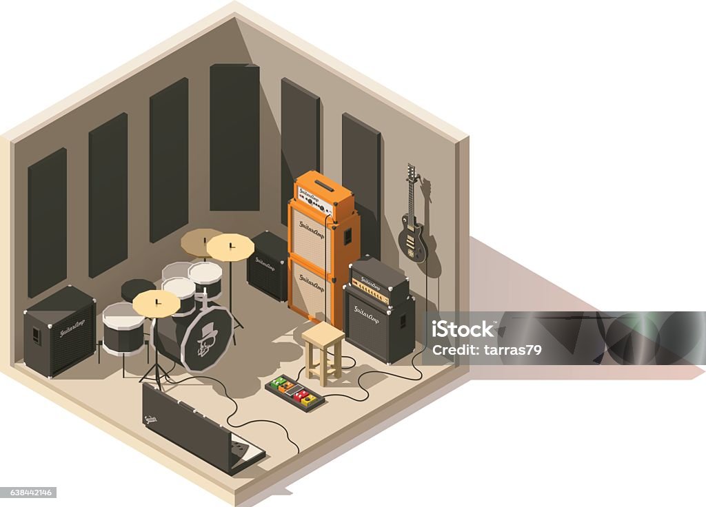 Vector isometric low poly recording studio icon Vector isometric low poly recording studio icon. Includes recording space, guitars, drum kit and other equipment Isometric Projection stock vector