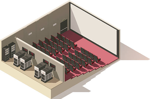 Vector isometric low poly movie theater cutaway Vector isometric low poly movie theater cutaway. Includes movie projection screen, seats and projectors movie drawings stock illustrations