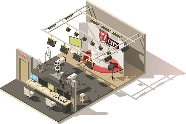 wektorowe izometryczne studio telewizyjne o niskim poli - studio stock illustrations