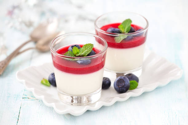 panna cotta z malinowym coulis - cream gelatin dessert berry fruit blueberry zdjęcia i obrazy z banku zdjęć