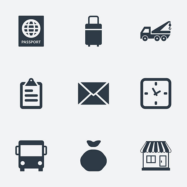 ilustrações de stock, clip art, desenhos animados e ícones de set of 9 simple distribution icons. - luggage cart