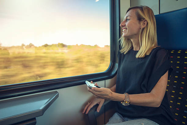istock One young woman traveling by train, messaging on phone 638445632