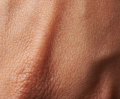 Cells on woman dark skin close up. Macro of human skin texture