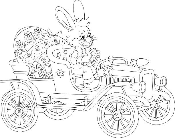 ilustrações, clipart, desenhos animados e ícones de coelhinho da páscoa em seu carro retrô - easter egg paint black and white drawing