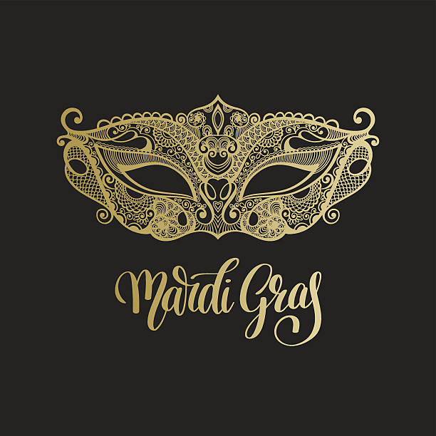 ilustrações de stock, clip art, desenhos animados e ícones de gold venetian carnival mask with hand lettering isolated on blac - mardi gras illustrations