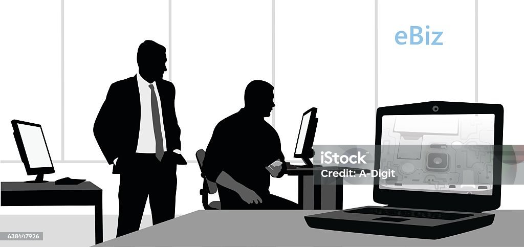 Attention To Detail Engineers A vector silhouette illustration of two business men  looking at a computer screen in a tech opffice.  A lap top in the foreground displays circuitry and text reading "eBiz" is in the corner. In Silhouette stock vector