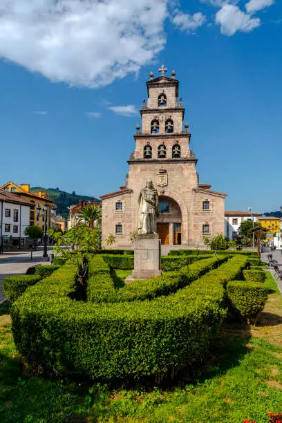 Church of the Assumption of Cangas de Onis, Asturias Spain and Statue of Don Pelayo, first king of Spain.