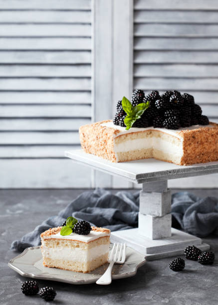 istock Coconut flour cake with cream and blackberries 638450624