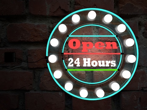 open 24 hours neon text sing on brick wall business background