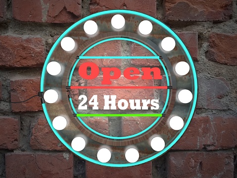 open 24 hours neon text sing on brick wall business background