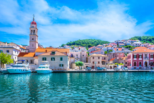 Mediterranean town Pucisca Brac. Scenic view at mediterranean town on Island Brac, popular travel destination in Croatia, european summer resort. brac island stock pictures, royalty-free photos & images