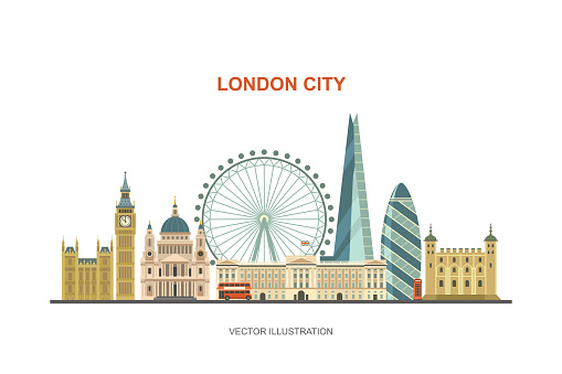 Vector illustration of most famous London attractions in trendy flat style. Isolated on white background.