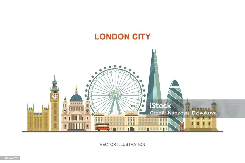 London city skyline. Vector illustration of most famous London attractions in trendy flat style. Isolated on white background. London - England stock vector