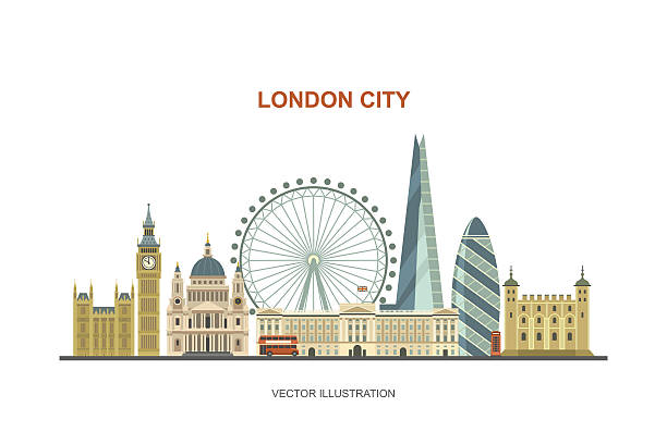 London city skyline. Vector illustration of most famous London attractions in trendy flat style. Isolated on white background. london england big ben houses of parliament london international landmark stock illustrations
