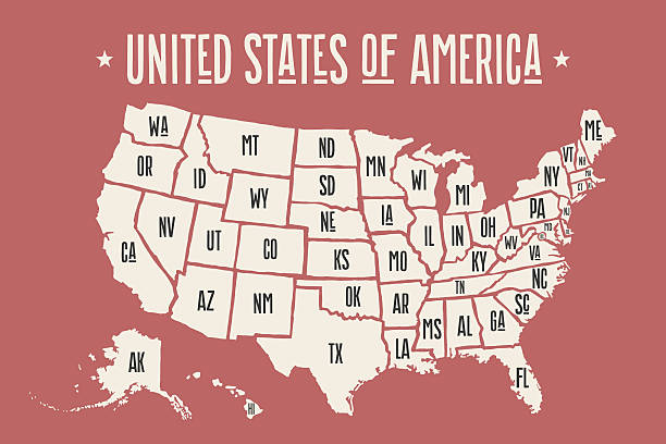 ilustraciones, imágenes clip art, dibujos animados e iconos de stock de cartel del mapa de los estados unidos de américa con nombres de estados - kansas map design state
