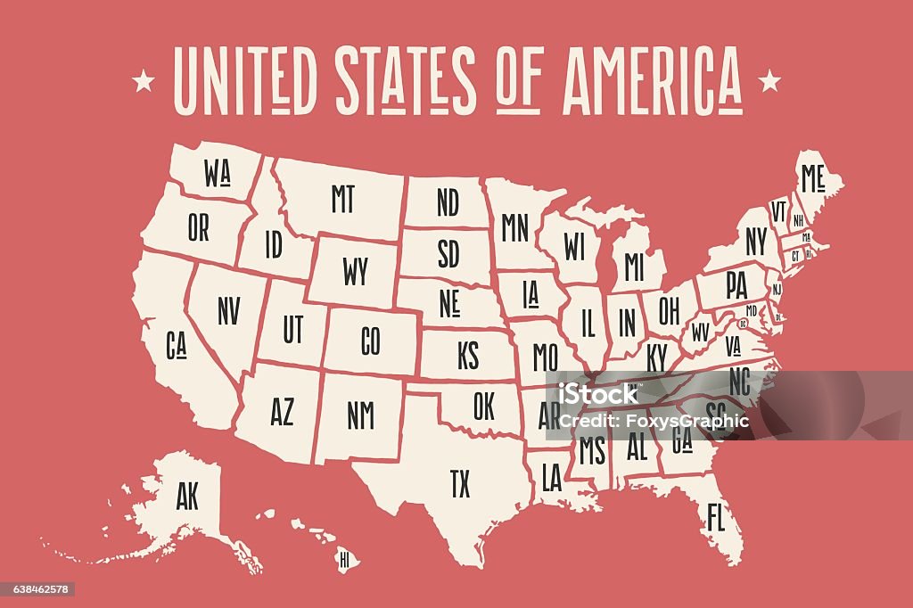 Poster map United States of America with state names Poster map of United States of America with state names. Print map of USA for t-shirt, poster or geographic themes design. Hand-drawn map with states. Vector Illustration USA stock vector